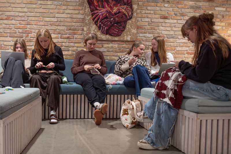 gruppe-af-piger-har-strik-og-hækling-som-valgfag-på-en-kreativ-efterskole
